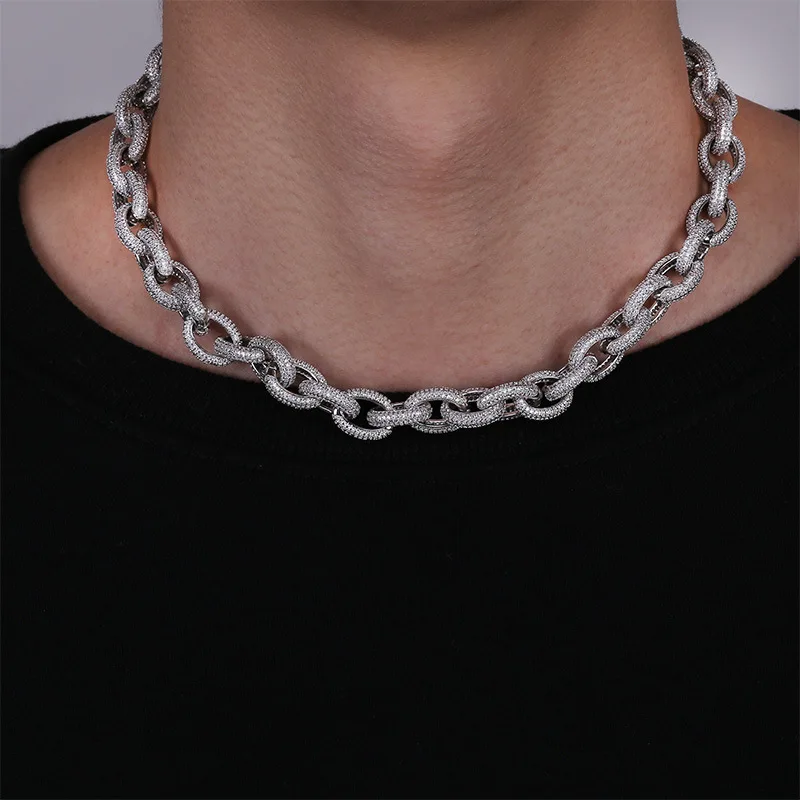 Iced Out Rhinestone Oval Link Chain Necklace Gold Silver Color Chunky Hip Hop Statement Men Women Jewelry