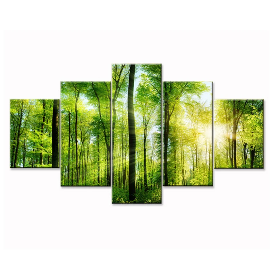 

kufwkey Full Round/Square drills DIY Diamond Painting 5 Pieces Forest green tree sunrise Landscape Diamond Embroidery Pictures