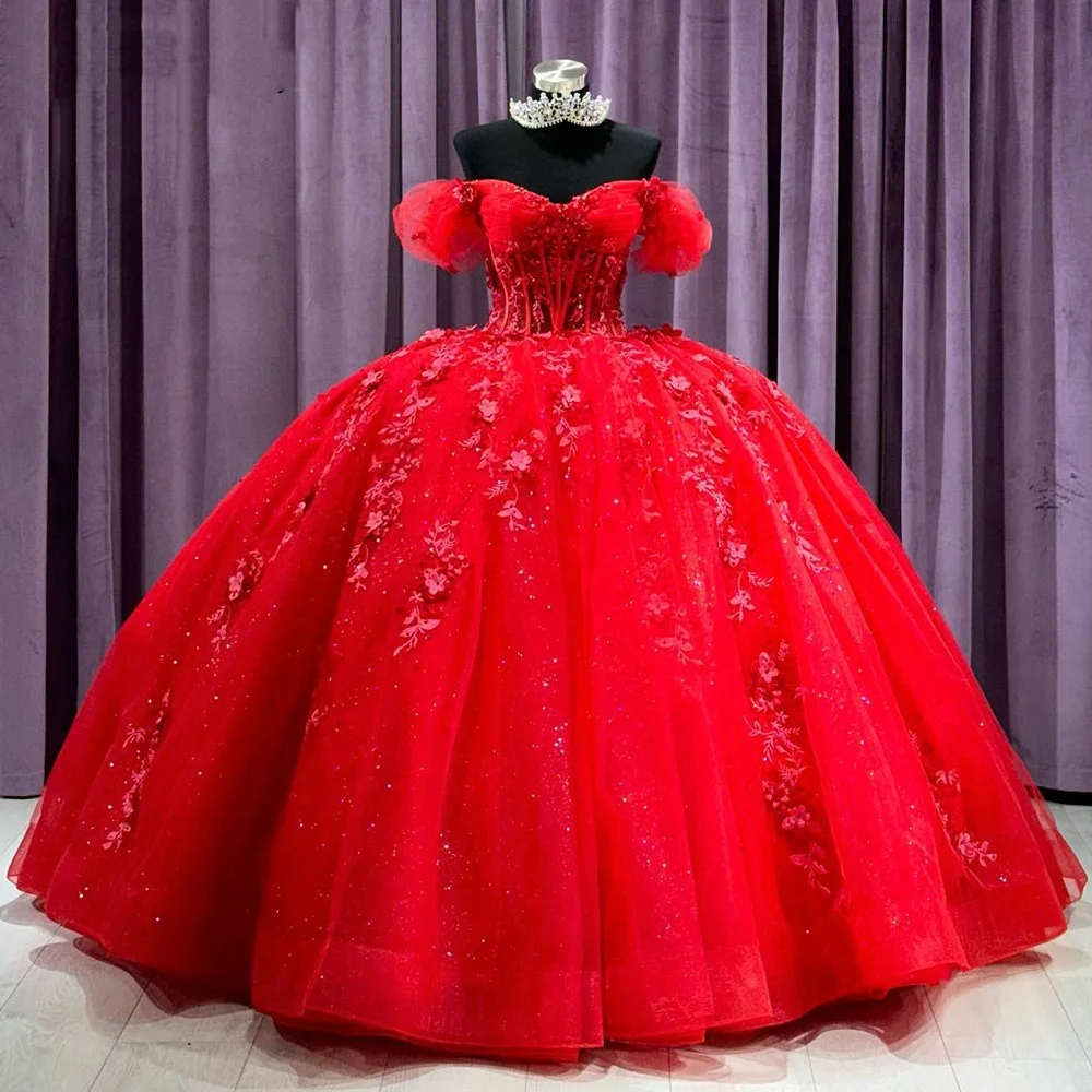 

Lorencia Princess Red Quinceanera Dress 2024 Ball Gown Floral Applique Lace Beading Mexico Sweet 16 Vestidos De 15 Años YQD521