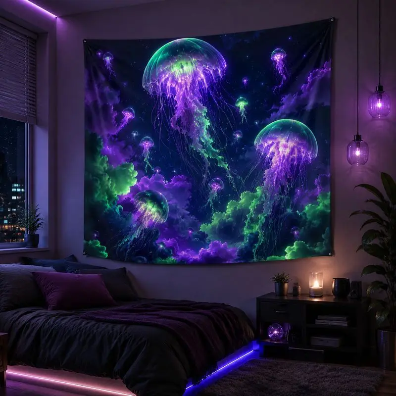 VIKAMA Space Jellyfish Moon Blacklight Tapestry, Neon Galaxy Wall Hanging, Psychedelic Blanket for Bedroom Dorm Decor