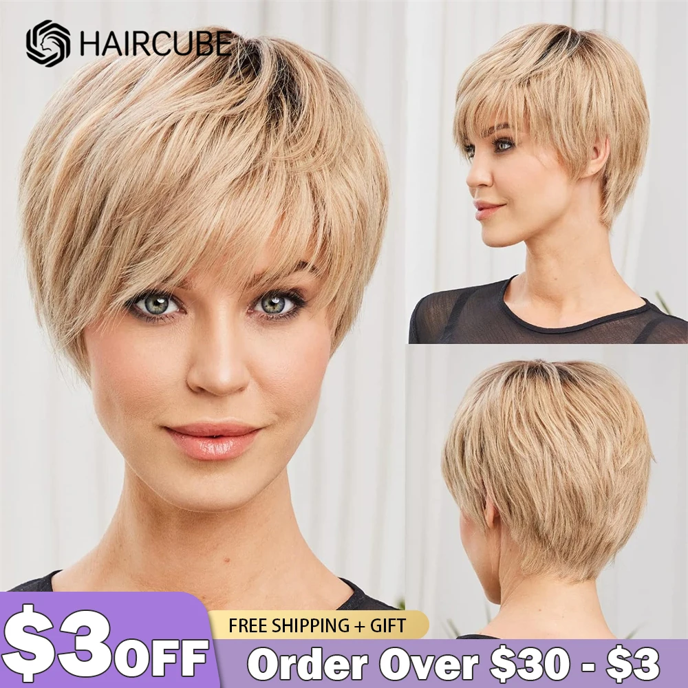 HAIRCUBE Human Hair Wigs Pixie Cut Bob Wigs With Bangs Sandy Blonde Straight Layered Short Wigs for Women Human Hair Wig