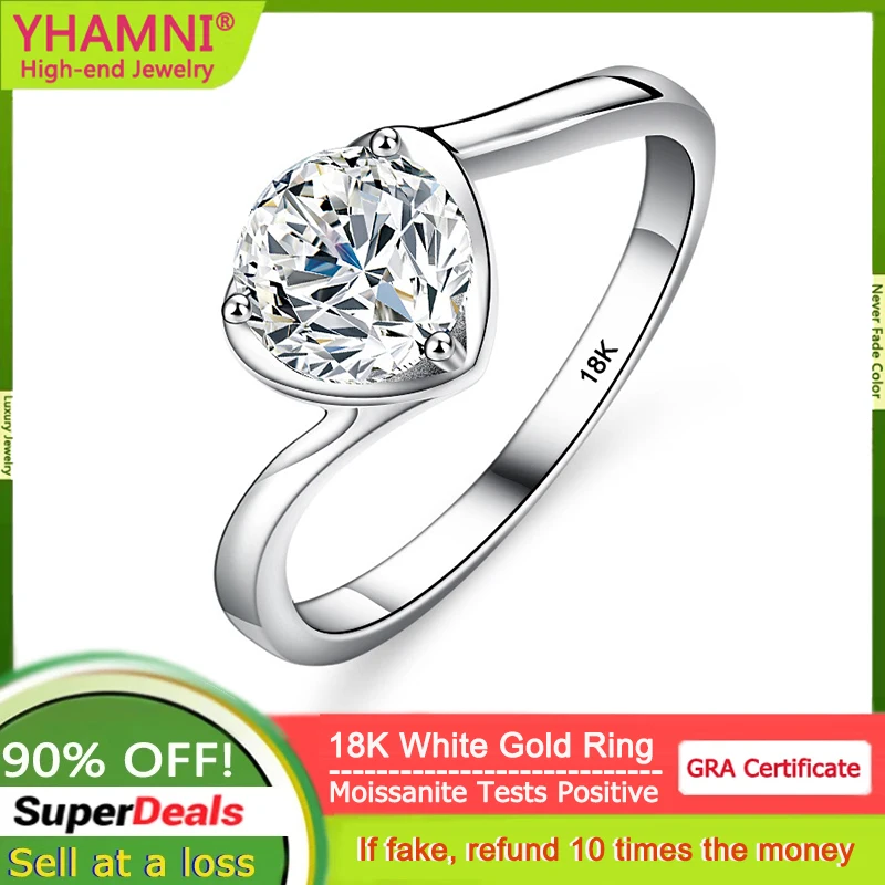 

YHAMNI Real 18K White Gold Ring 1 Carat Moissanite Love Ring Hypoallergenic Sparkling Elegant Perfect Gift For Her With Gift Box