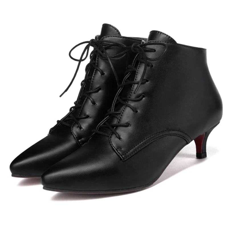 White Red Women's Ankle Boots Autumn Winter Short Dance Shoes Black Lace-up Medium Heels Party Footwear Large Size 44 45