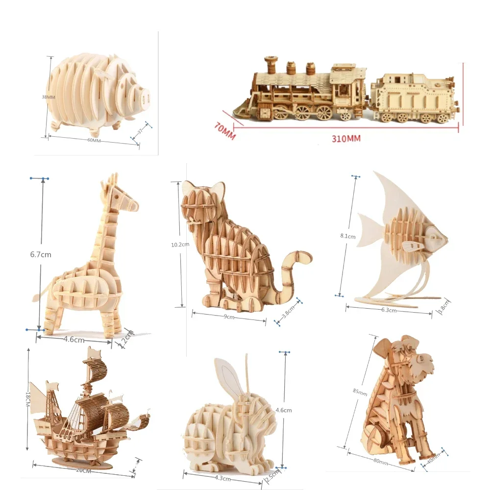 3D Пазлы деревянного цвета, модель, сборные строительные блоки, наборы «сделай сам», развивающий корабль Монтессори, автомобили, рыба, кошка,