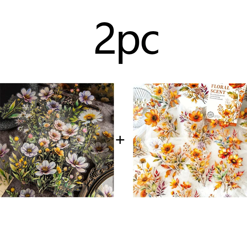 قطعتان من ملصقات الزهور المختلطة الألوان، مصنوعة من مادة PET المقاومة للماء، مناسبة لتزيين القرطاسية والمذكرات وسجلات القصاصات وما إلى ذلك