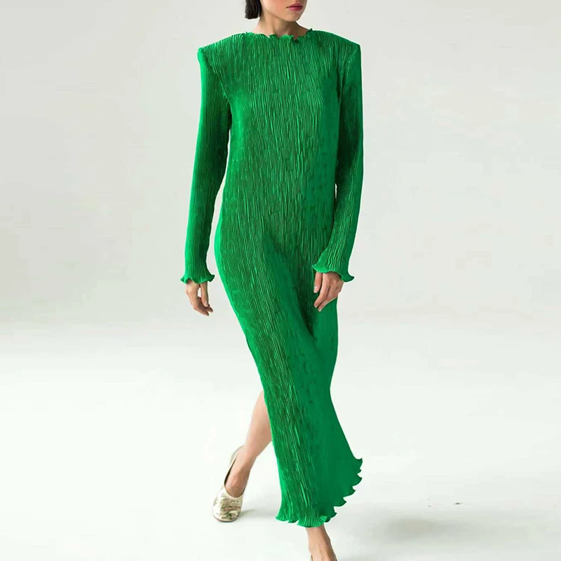 س الرقبة طويلة الأكمام بلون الربيع فستان كاجوال موضة المرأة مطوي سبليت فستان الحفلات مكتب بسيط فضفاض رداء فساتين