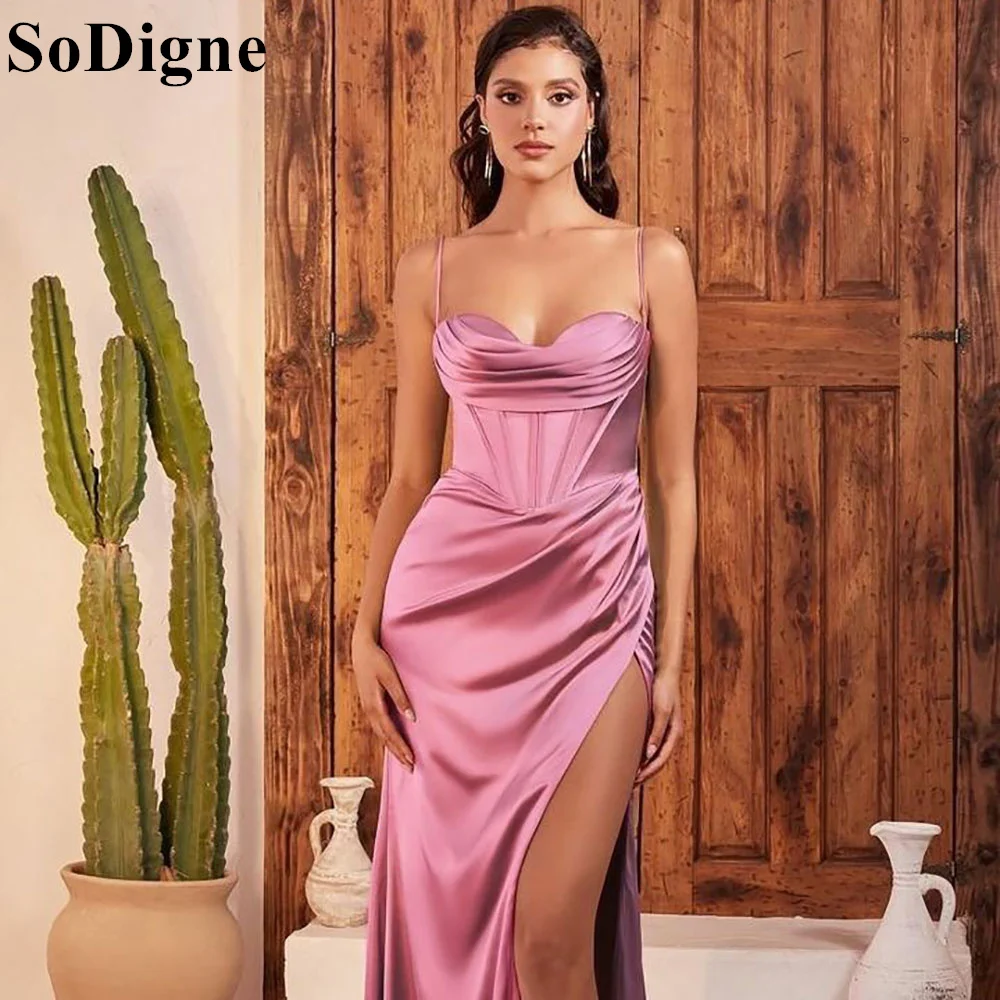 

SoDigne Spaghetti Strap Satin Elegant Prom Dresses Floor Length Side Split Mermaid Pleated Formal Evening Party Gown for Women