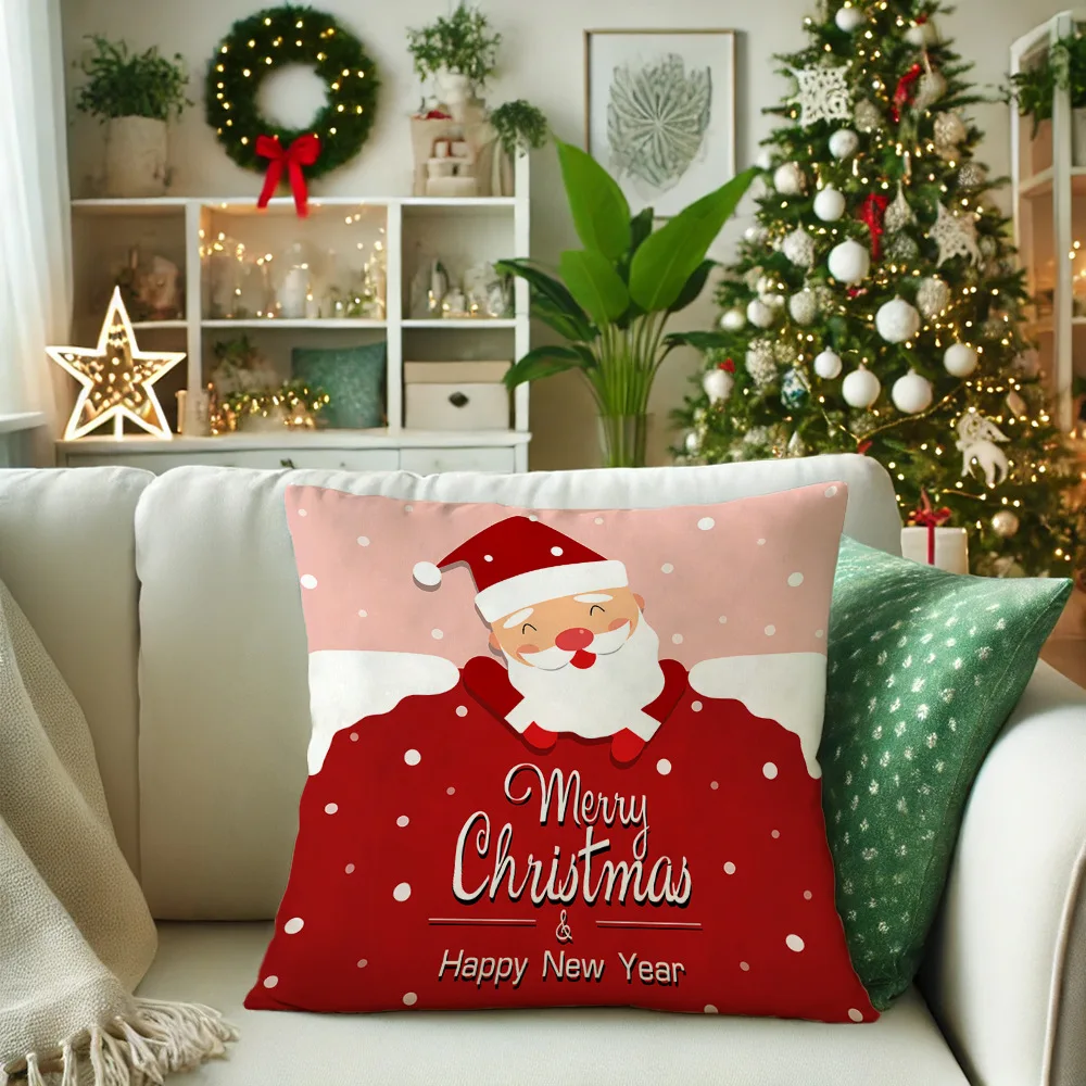 New Christmas Cartton Pillowcase Polyester Santa Claus Print Decoration Sofa Pillow Cover Throw Cushion Cover 45X45 Holiday Gift