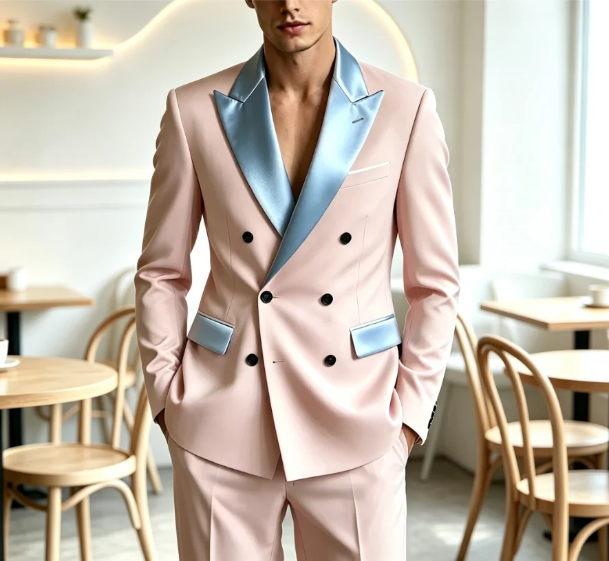 Slim Fitting White Suit Set for Men, Black Collar, 2 Pieces Formal Suits, Wedding Tuxedo, Customized Colors Blazer and Pant Set