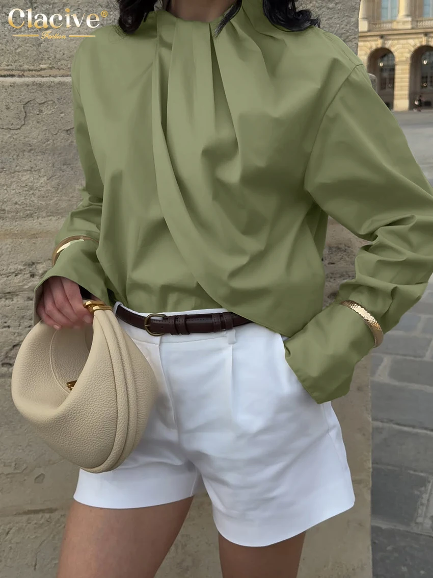 Clacive Fashion Loose Green Cotton Women's Shirt 2025 Casual O-Neck Long Sleeve Shirts Elegant Classic Solid Top Female Clothing