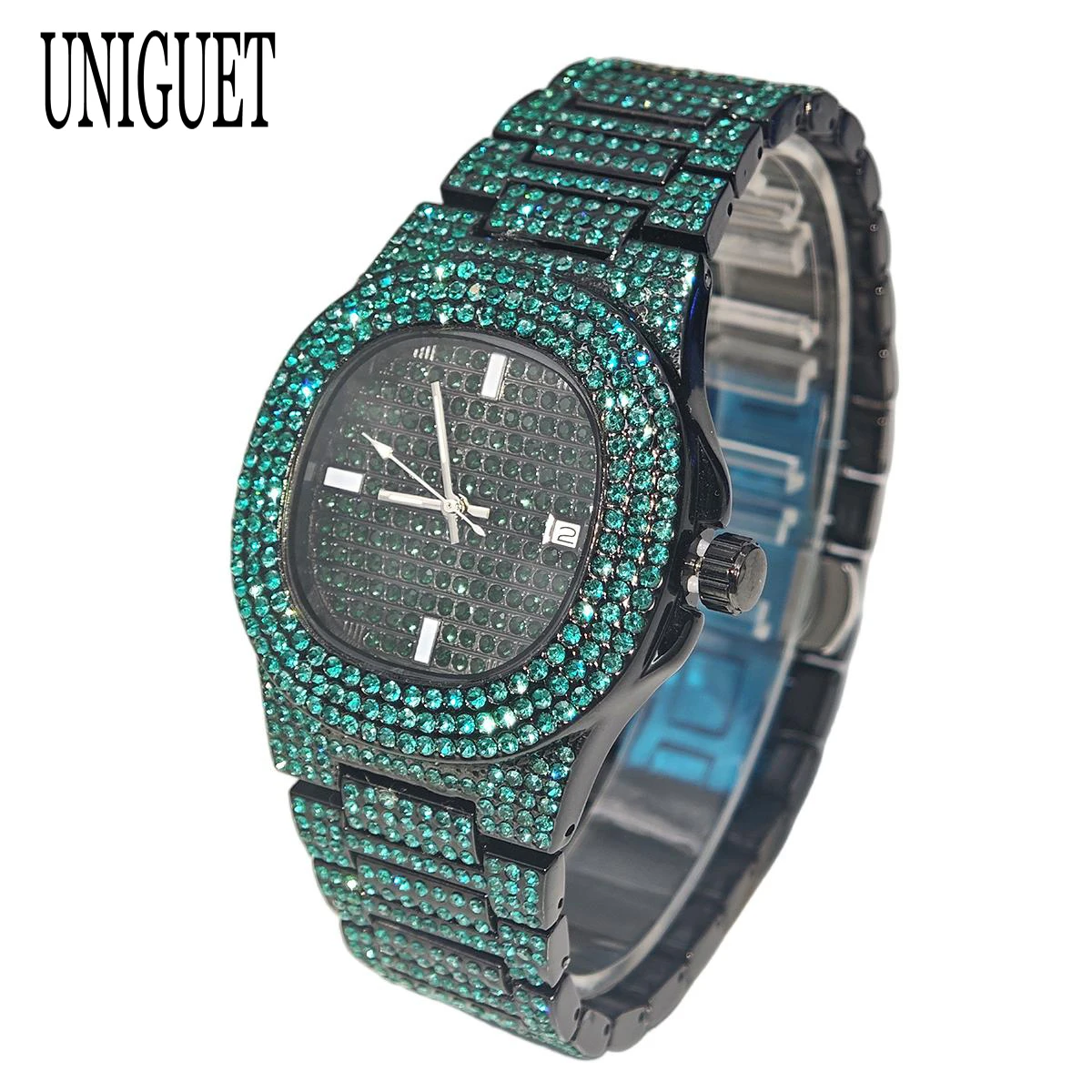 グリーンダイヤモンド腕時計男性用ファッションブランド-uniguet-ヒップホップアイスアウトケバケバ時計高級ジュエリー腕時計男リロイ-hombre