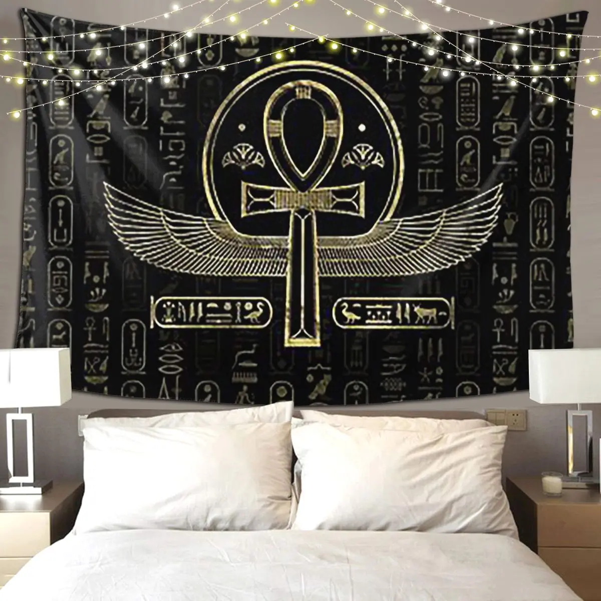 Egyptian Cross Ankh Gold And Black Tapestry Funny Wall Hanging Aesthetic Home Decor Tapestries for Living Room Bedroom Dorm Room