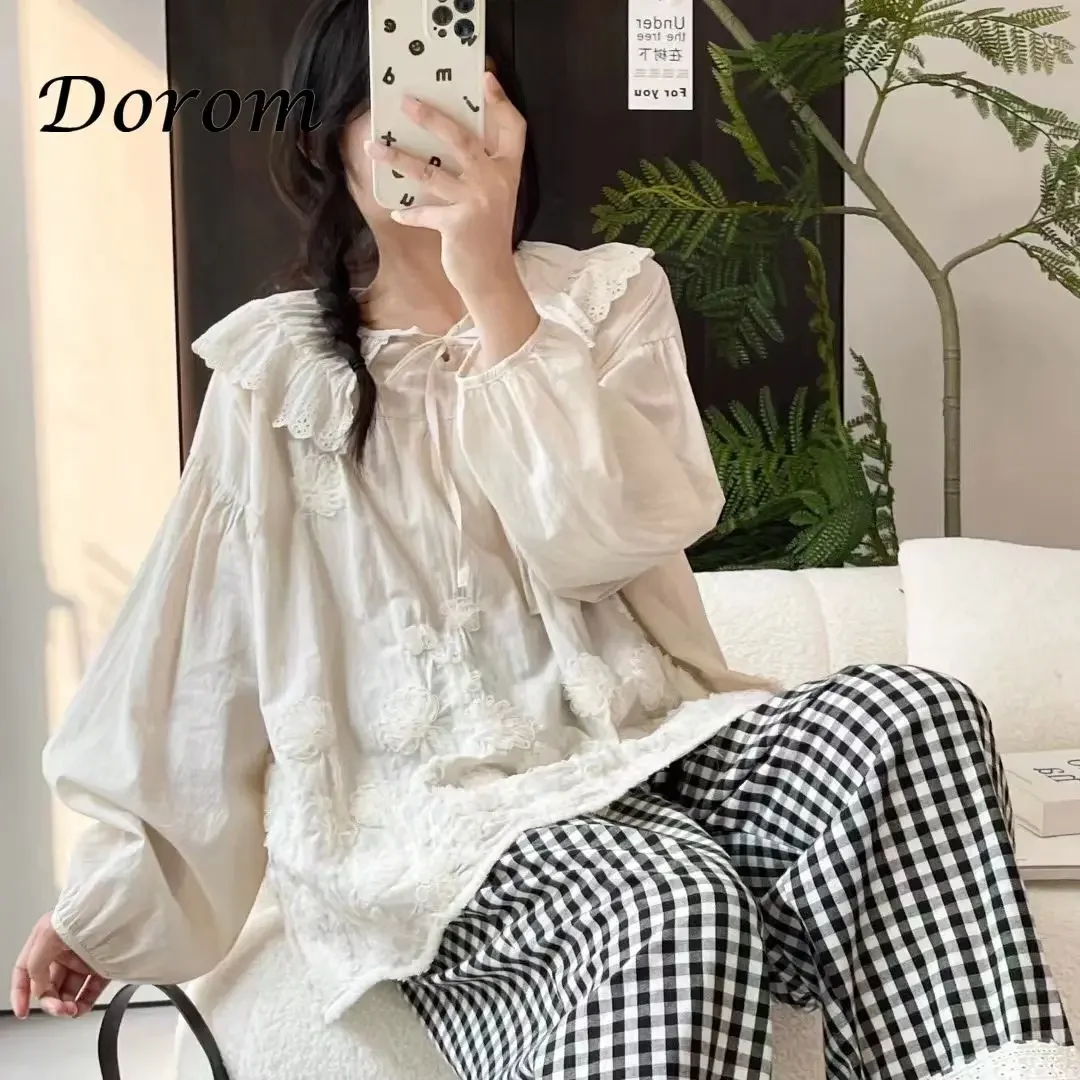 Vintage Embroidery Flower Cotton Linen Shirts Women Spring Summer Japanese Mori Ruffled Lace-up Long Sleeve Blouse Casual Tops