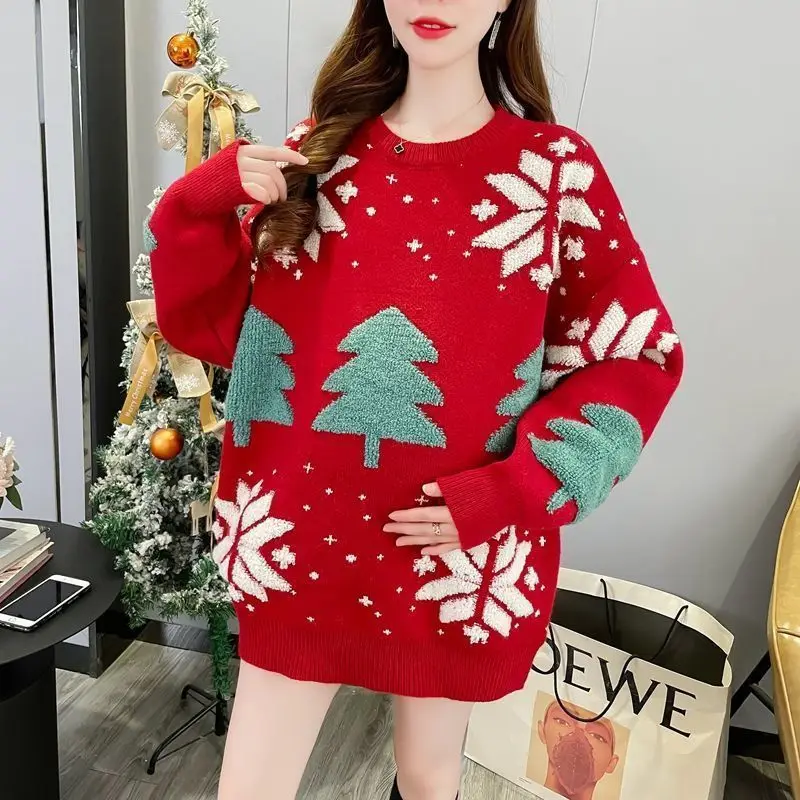 Estilo preguiçoso solto bonito natal camisola feminina outono inverno estilo ocidental versátil camisola de malha jaqueta topo para mulher