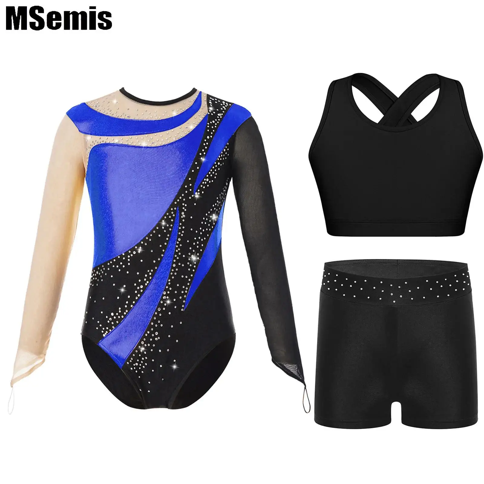 

Kids Girls Ballet Dance Outfit Mesh Long Sleeve Contrast Color Metallic Leotard with Cross Back Vest And Waistband Shorts