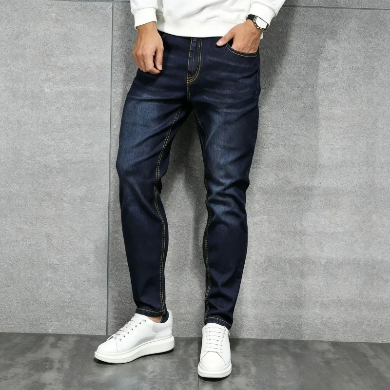 

Spring Summer Mens Blue Pant Solid Stretch Jeans Street Business Casual Slim Fit Trousers Male Vintage Wash Skinny Jeans for Men