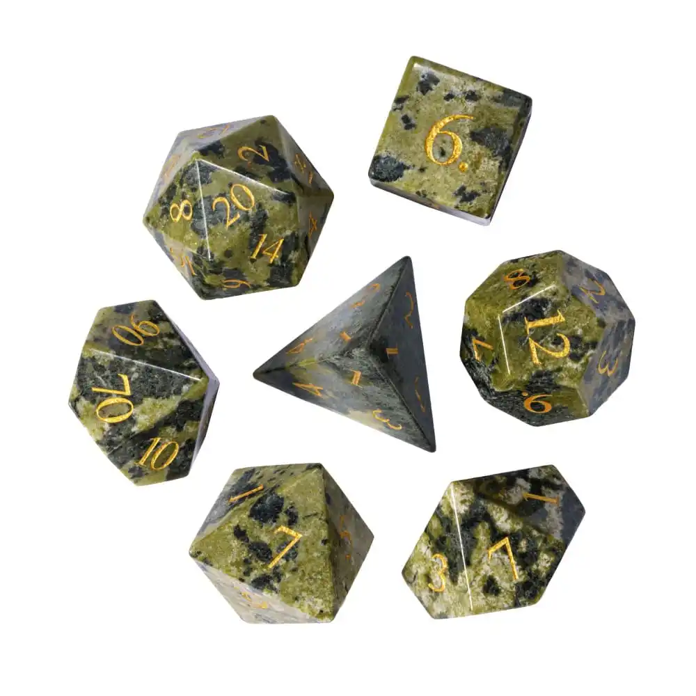 

Cusdie Natural Brazilian Jade Stone Dice 7Pcs Handmade Gemstone D&D Dices Polyhedral Dice Set with Box for Board Game Collection