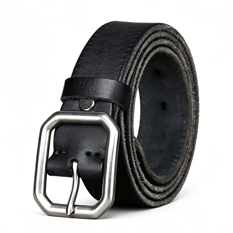 Washed vintage distressed stainless steel buckle men's belt, genuine top-grain leather casual jeans waist belt for men