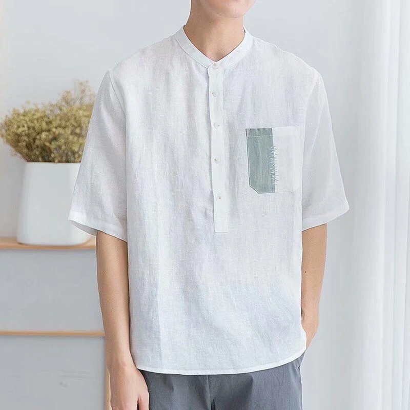 Chemise d'été en coton et lin pour homme, col montant, patchwork décontracté, manches courtes, confortable, pull tout match, chemisier tout assressenti