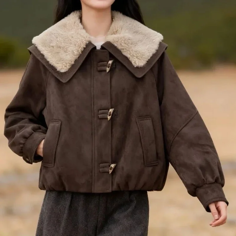 Lamb lapel splicing fleece thickened cotton-padded clothes short 2025 autumn and winter new models
