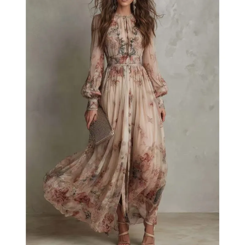 

Bohemian Vintage Printed Dress 2026 Spring Round Neck Long Sleeve Pleated Big Swing Maxi Dresses Female Vacation Beach