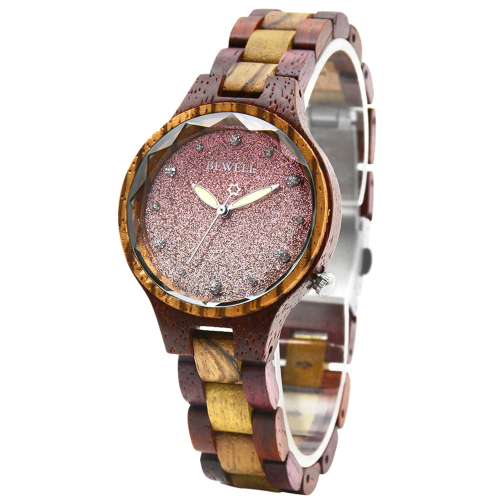 Natural Wood Ladies Wristwatch with Starry Sky Surface Stainless Steel Buckle Japanese Mechanism Festive Gift Watch