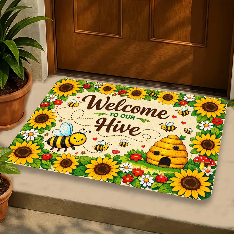 1pc, 2D Flat Printing, Welcome to Our Hive Sunflower Bee Entrance Mat, Perfect for Holiday Dining And Home Decor, Indoor/Outdo