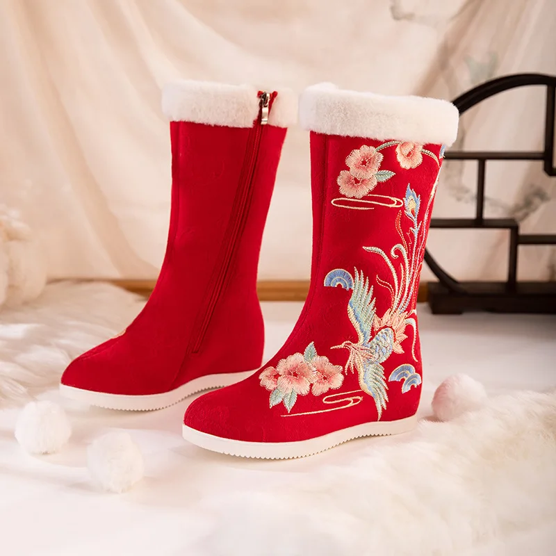 Woman Casual Shoes Vintage Lady Embroidered Side Zipper Warm Plush Shoes Chinese Style Wedge Mid Boots Hanfu Ancient Boots Women