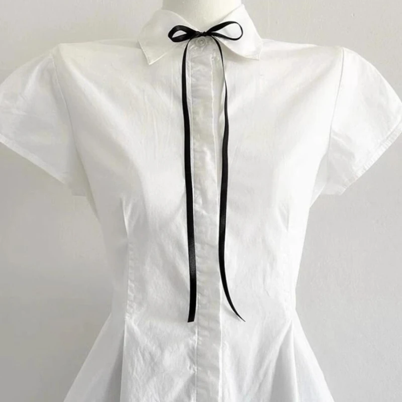 Deeptown Elegant Sweet White Blouse Women Bow Preppy Style Kawaii Lolita Shirts Vintage Japanese Short Sleeve Shirts Aesthetics