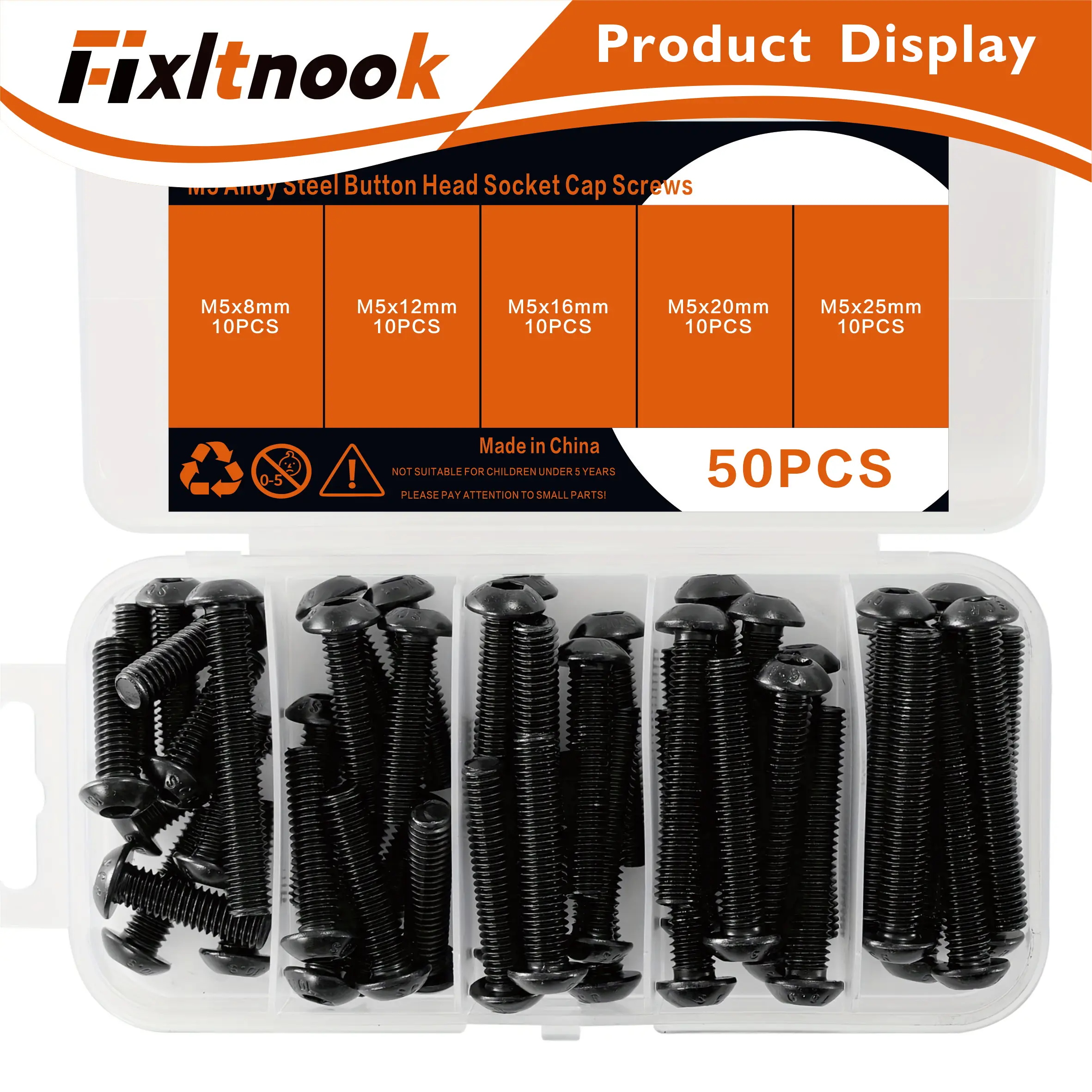 

50 pieces, M5 X 8mm-25mm round head hex screws, grade 10.9 alloy steel, hex screws, black oxide surface treatment, full thread