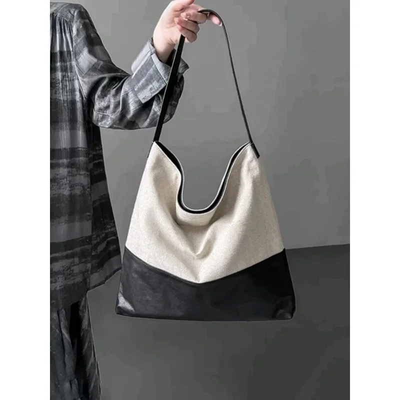 

Contrast Color Two-layer Cowhide Stitching Canvas Women's Bag Casual Lazy Style Underarm Single Shoulder Large Capacity Bag