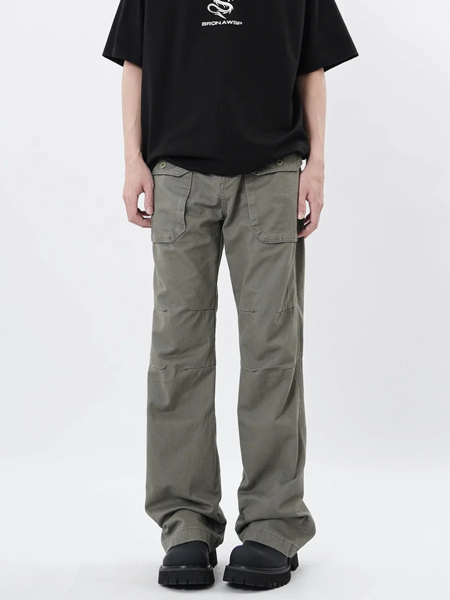 

Retro American Multi-ket Pleated ey een Logging Work Pants Loose Straight Casual Long Trousers for Men Youth Sle