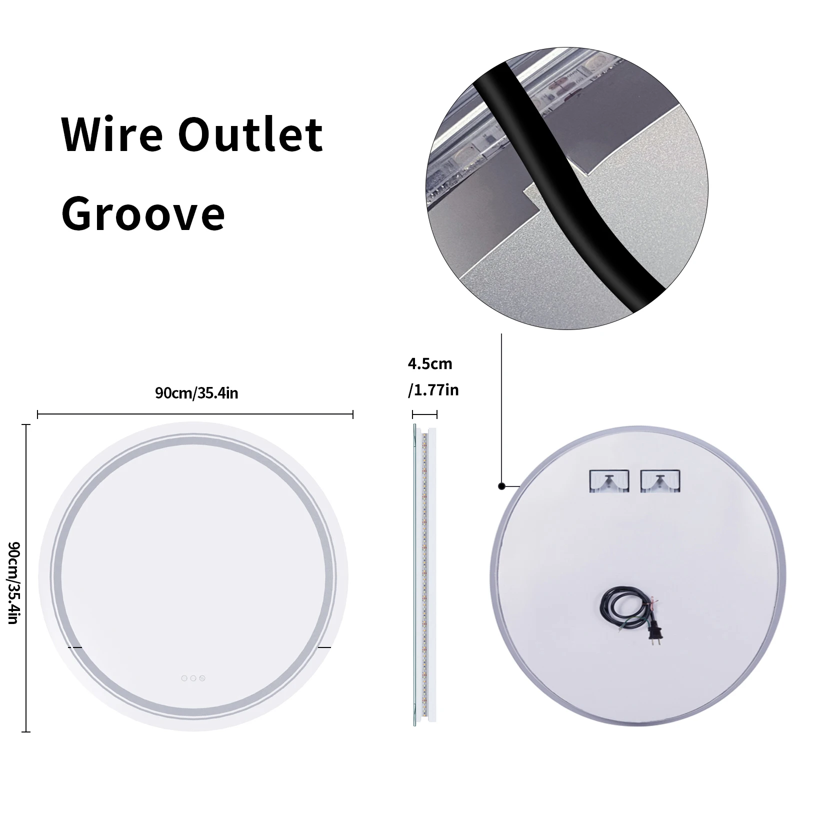 900mm LED Round Dimmable 3 Colors Smart Touch Anti-Fog Mirror with Memory Function Backlit Front Large Wall Mounted LED Mirrors