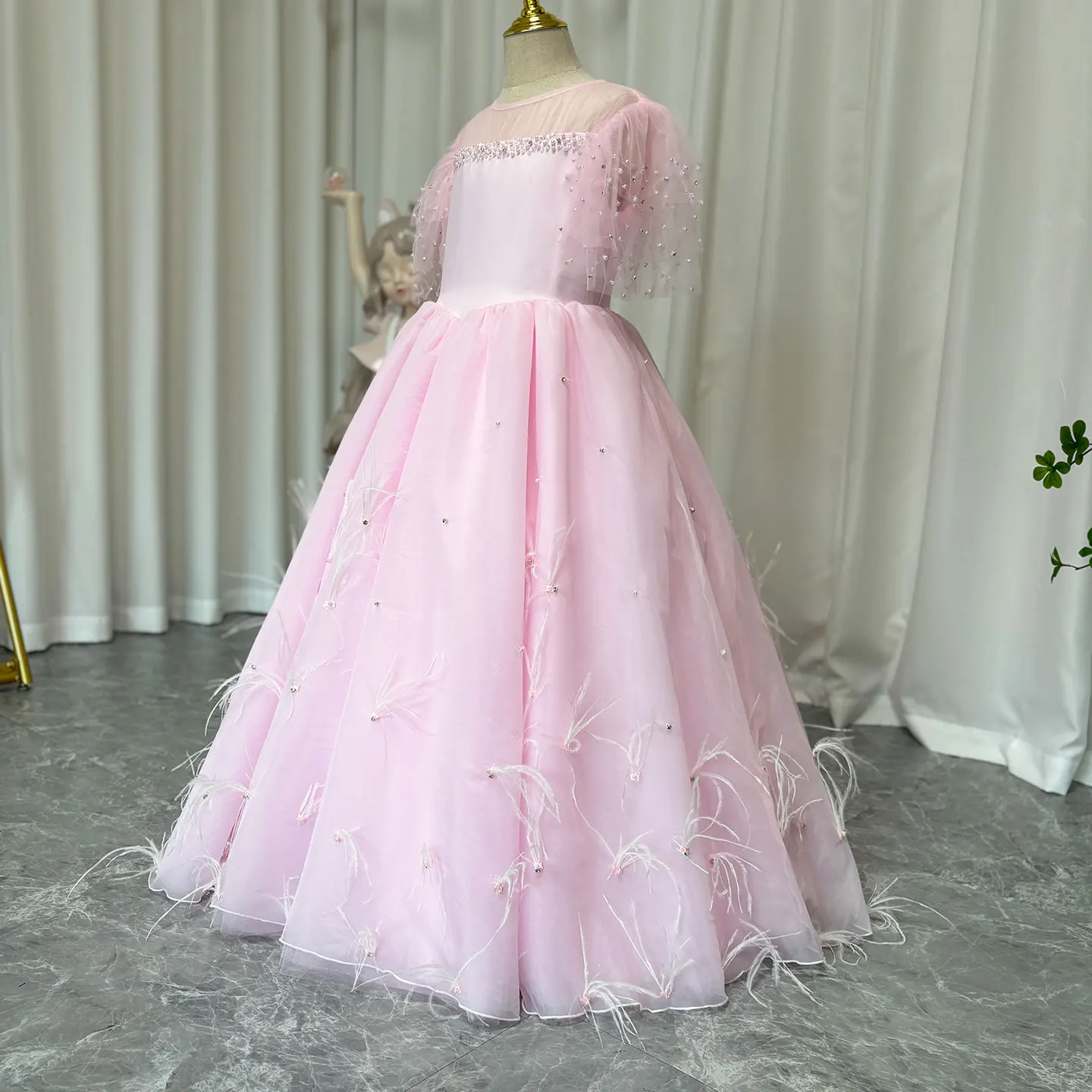 Jill Wish Luxury Blush Pink Girl Dress Feathers Beaded Princess Baby Kids Wedding Birthday Party Gown First Communion 2024 J391