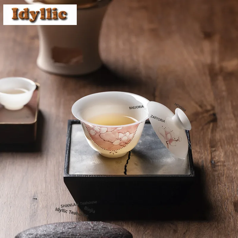 HOYIHM 130ml Unprocessed Jade Hand-painted Yulan Gaiwan Ancient Tea Tureen Tea Bowl With Lid Kit Tea Brewing Cover Bowl For Tea