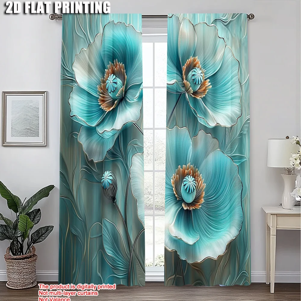 2 uds, cortina Popular impresión 2D azul turquesa Floral Mandala poliéster duradero (sin varilla) decoraciones para el hogar Ldeal para