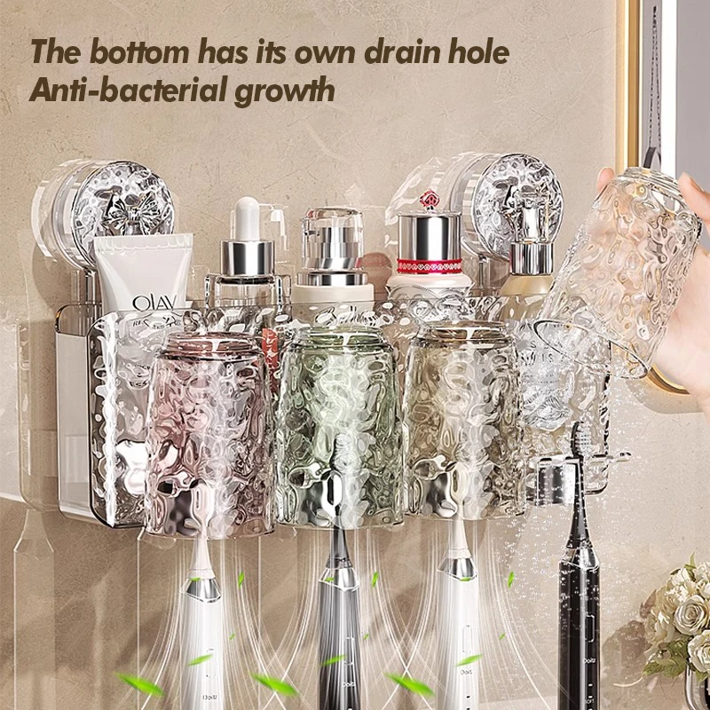 Bathroom Toothbrush Storage Rack Wall Mounted Non Perforated Suction Cup Wash Cup Set Bathroom Storage