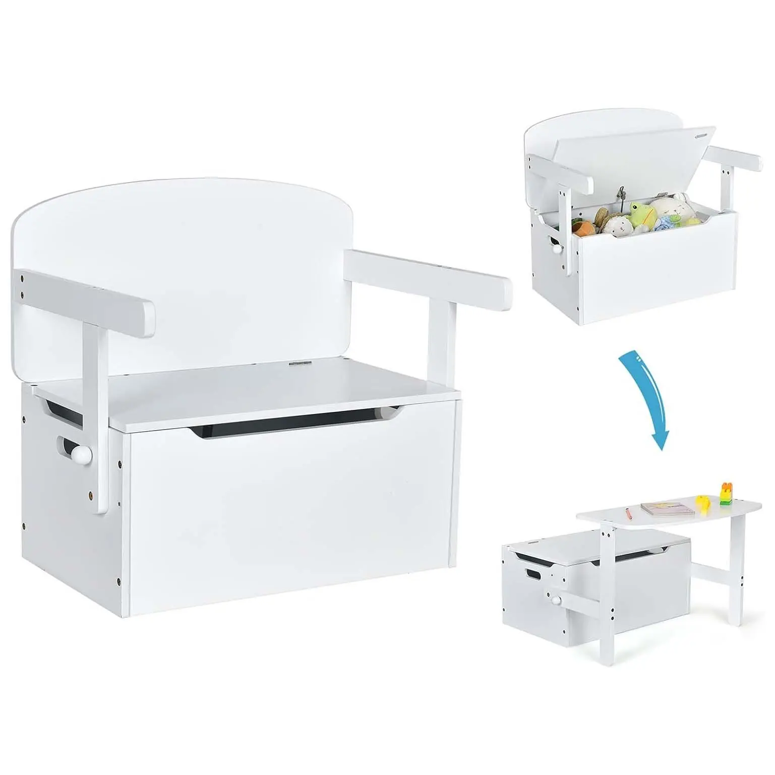 3-in-1-Kindertisch mit Bank, Sitzgarnitur mit Stauraum und Decke, von 3 bis 7 Jahren, 60 x 34 x 57 cm (weiß)