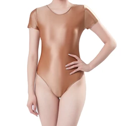 Fashion Women Short Sleeve Smooth Bodysuit Swimsuit Shiny Glossy One-piece Bikini Dance Yoga Gymnastics Rompers Leotard Jumpsuit