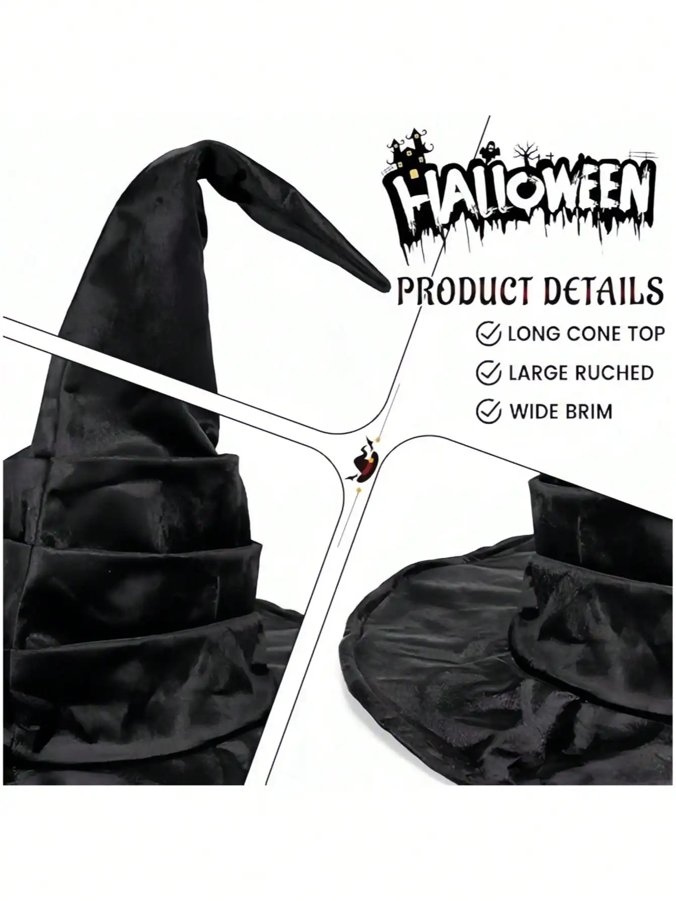 1/2pcs-Ibeauti Witch Hat Women Large Ruched Halloween Witch Hat Costume Accessory For Party Curved-Tip Witch Hat Suitable As A Gift For Autumn, Halloween, And Parties. Additionally, sh260604140116464470857