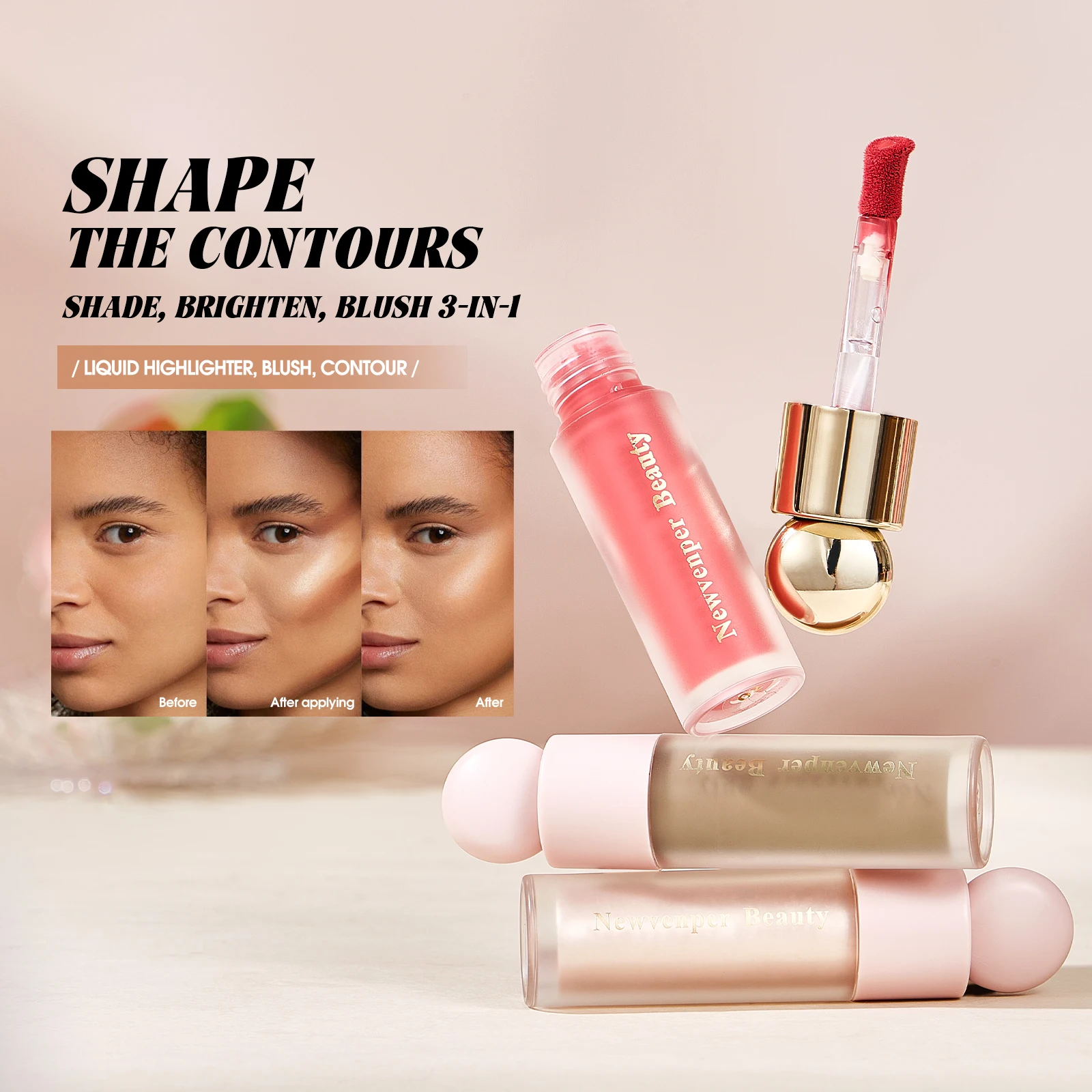 Liquid Highlighter + Blush + Contour Stick ชุดสําหรับ Face & Body Silky Natural Glow Liquid Luminizer Matte สีชมพู Shadow แต่งหน้า