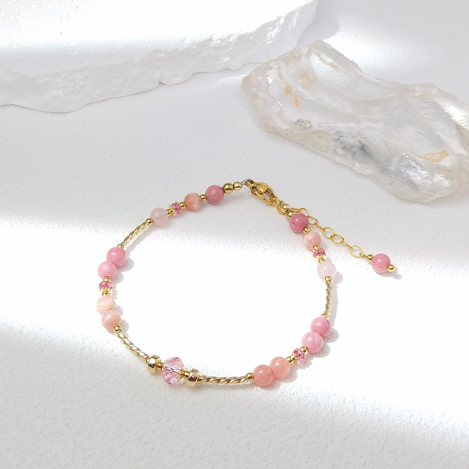 

Lii Ji Natural Stone Mix Rose Quartz Rhodonite Rhodochrosite 4mm American 14K Gold Filled Bracelet Handmade Jewelry