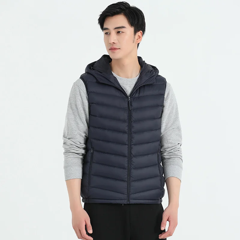 Jaket Hoodie tanpa lengan untuk pria, jaket Puffer bertudung tanpa lengan 2023, mantel Ultra ringan untuk pria musim gugur musim dingin 90%