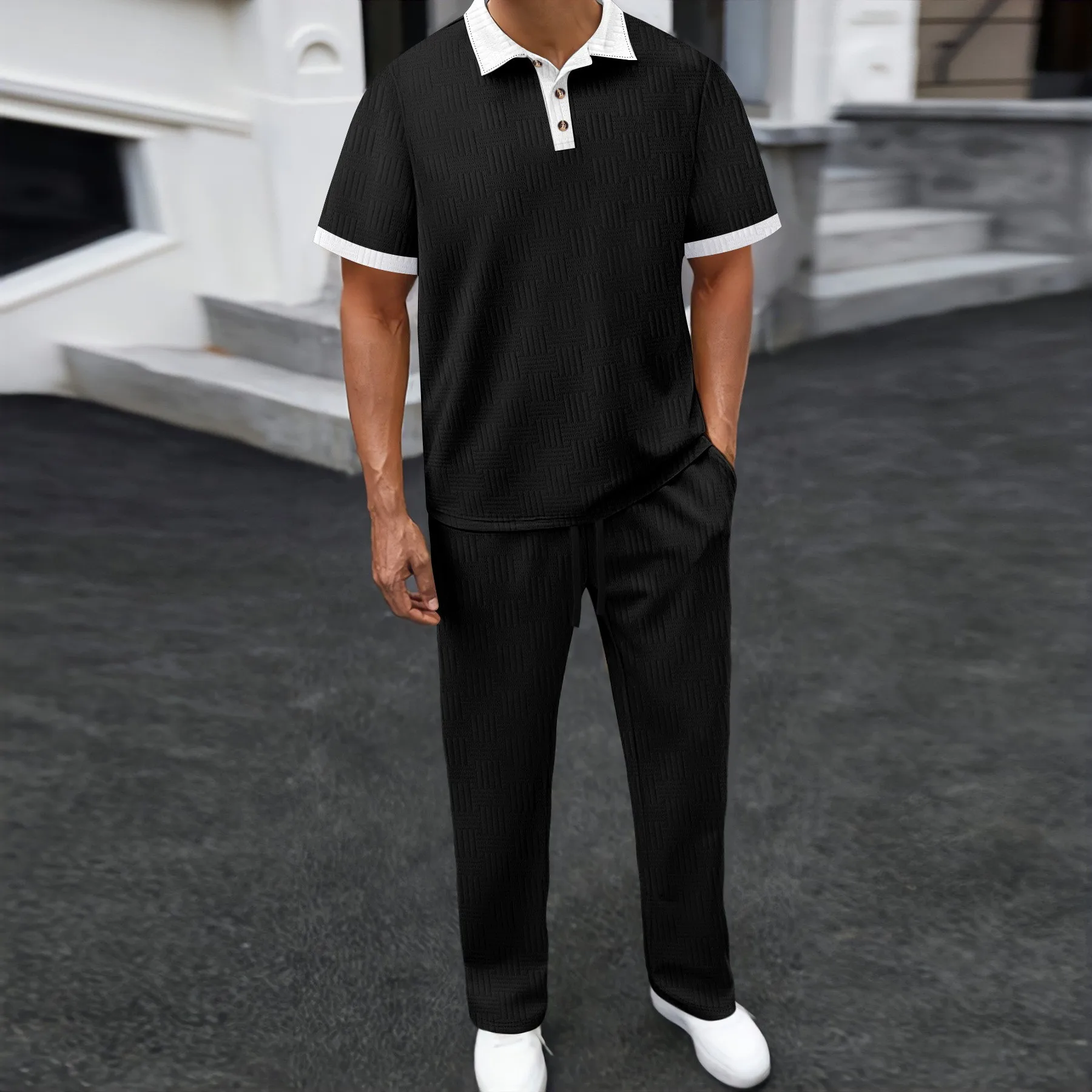 Men's 2 Piece Polo Shirt & Pants Set Textured Contrast Collar Casual Tracksuit for Daily Streetwear view 6