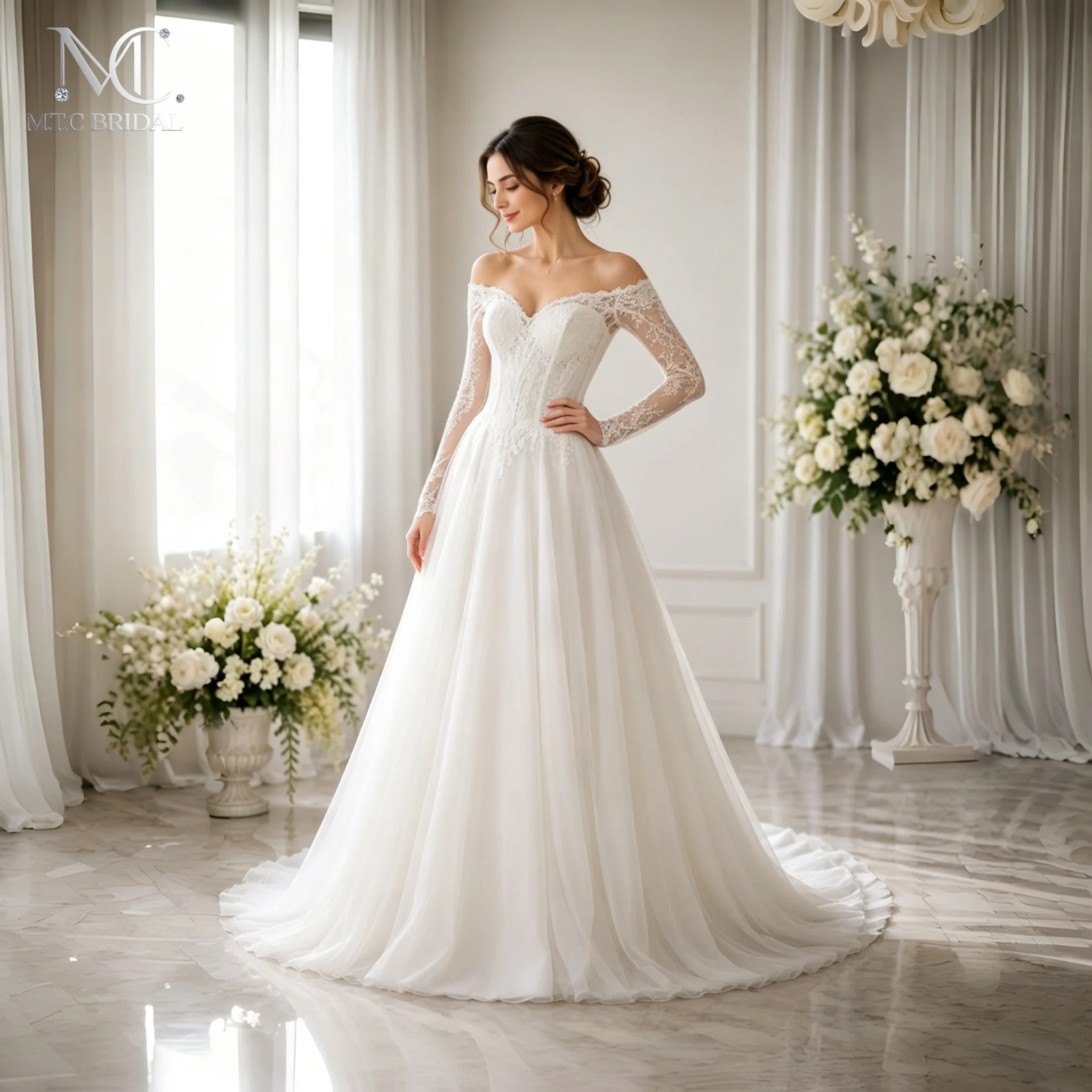 White Graceful Long Sleeves Wedding Dress Off The Shoulder Lace Up Back A Line Tulle Wedding Gowns For Bride Robe De Mariee