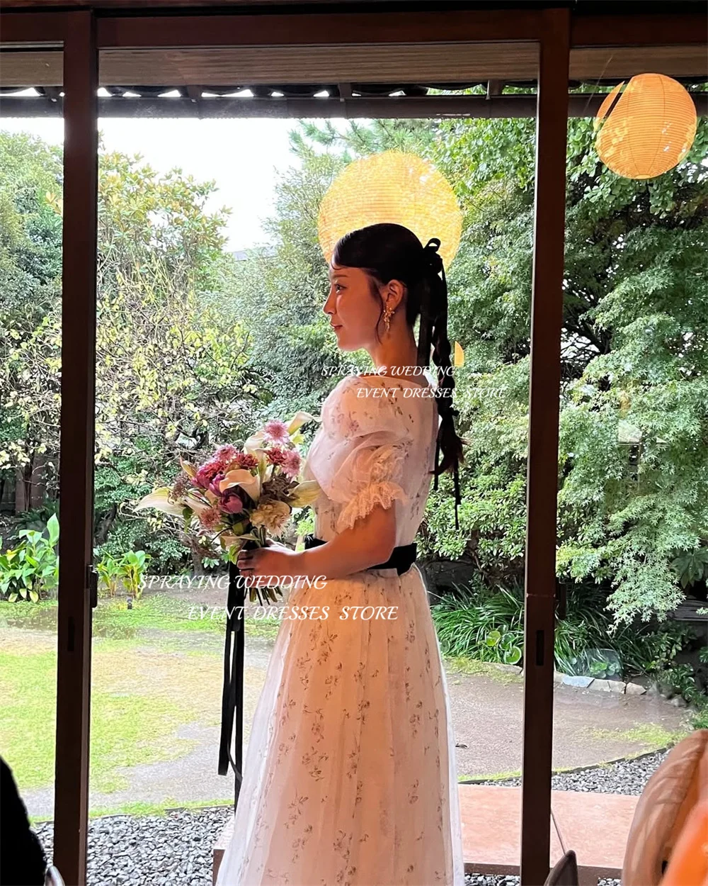 SPRAYING Fairy Floral Print Evening Dress A line O Neck Puff Sleeve Korea Wedding Photo Shoot Dress Corset Long Party Customized