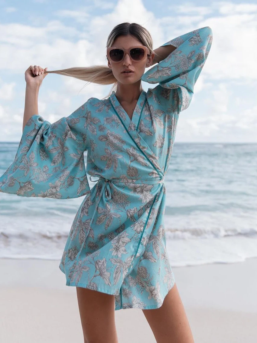 Marthaqiqi Casual Women Sleepwear V-Neck Nightgowns Long Sleeve Robe Lace Up Nightwear Mini Dress Printing Loose Ladies Pajamas