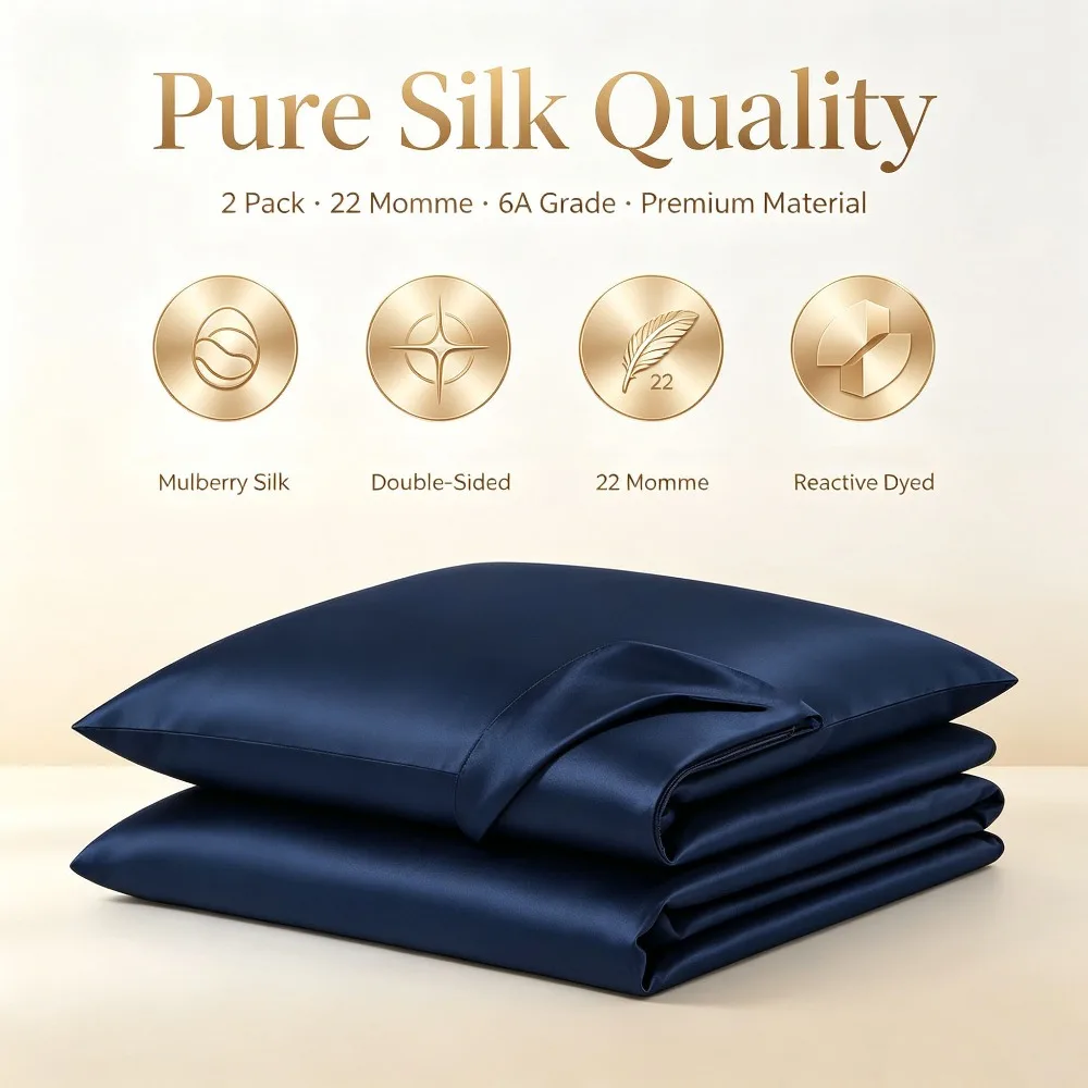 2 Pack 22 Momme Mulberry Silk Pillowcase Double-Sided Hidden Zipper Set of 2 Silk Pillow Cover for Hair Skin Gift for Couple