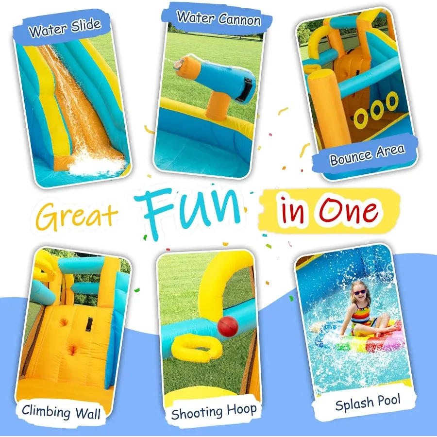 Tobogán acuático inflable para casa de rebote 8 en 1, parque acuático con soplador de 450W, pared de escalada, piscina con salpicaduras, cesta, cañón de agua genial