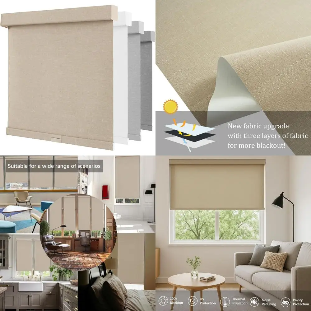 무선 암막 롤러 쉐이드, 자외선 차단 린넨 원단, 단열, 34x72 베이지색 가정 및 사무실용